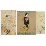 Three Japanese pictures including a wood block print of a mother with child and a watercolour of a