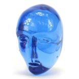 Blue glass face paperweight, possibly Scandinavian, indistinct signature to the base, 7.5cm high :