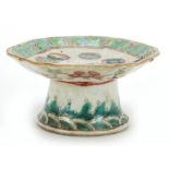 Chinese porcelain pedestal dish hand painted in the famille rose palette with peaches and flowers,