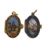 Two Egyptian Revival silver and enamel sarcophagus design pendants with hinged lids, the largest 2cm