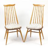 Pair of Ercol Windsor light elm stick back dining chairs, 96cm high