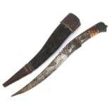 Afghan pesh-kabz knife with bone handle, sheath and steel blade engraved with a wild animal