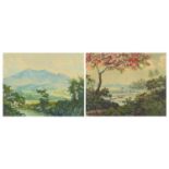 Soekardji - Indonesian landscapes, pair of watercolours, mounted, framed and glazed, each 37cm x