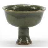 Chinese porcelain stem bowl having a celadon glaze, 11cm high x 14cm in diameter :For Further