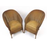 Pair of gold Lloyd Loom design tub chairs with drop in seats, 76cm high