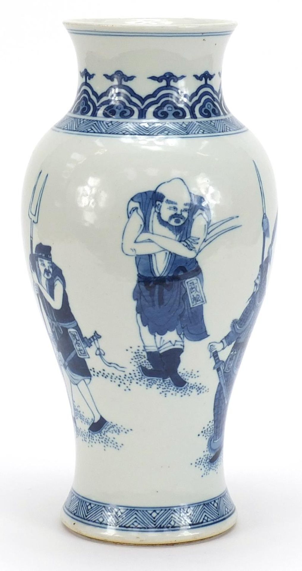 Chinese blue and white porcelain baluster vase hand painted with figures and two tigers, six