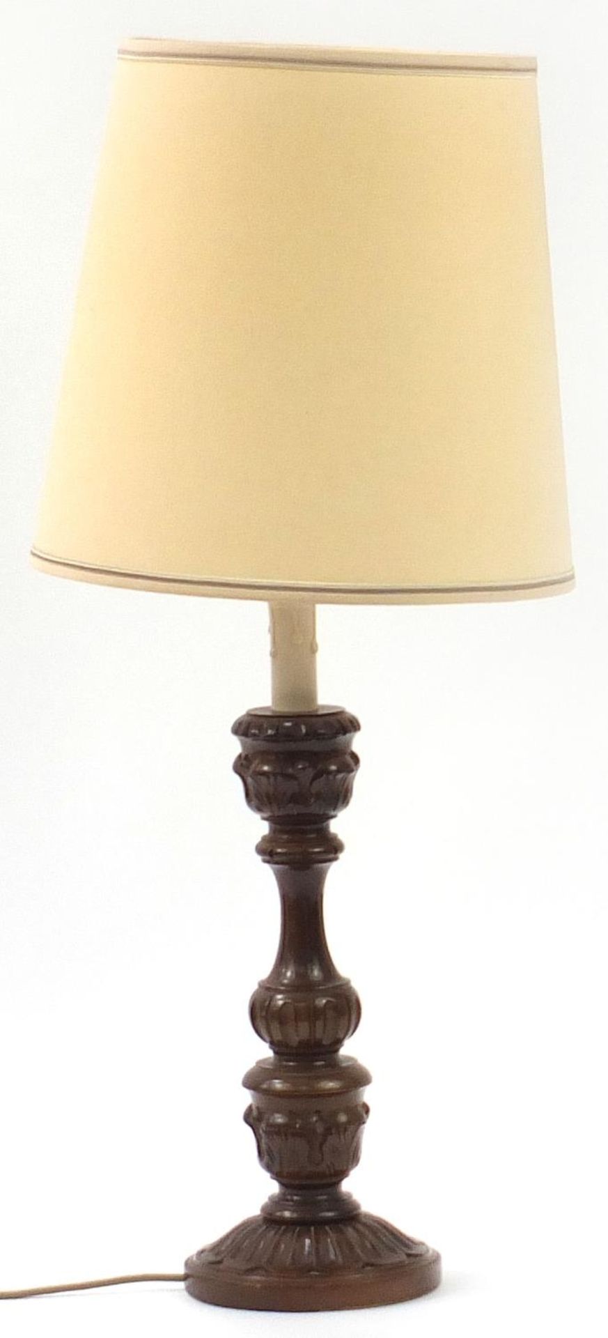 Carved mahogany table lamp with shade, 84cm high :For Further Condition Reports Please Visit Our - Image 2 of 2
