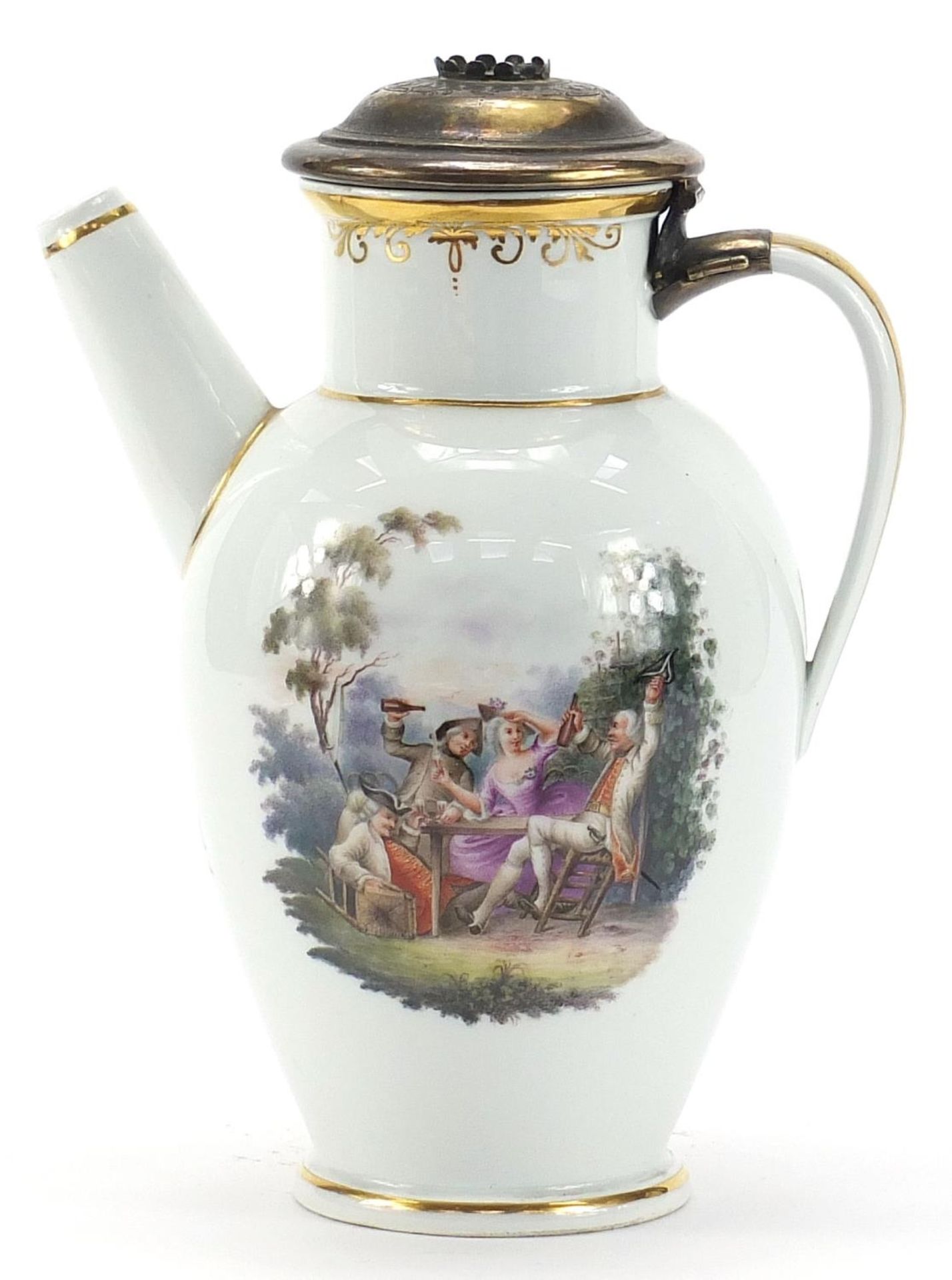 Meissen, 19th century German porcelain jug with unmarked silver lid, finely hand painted with panels - Bild 2 aus 6