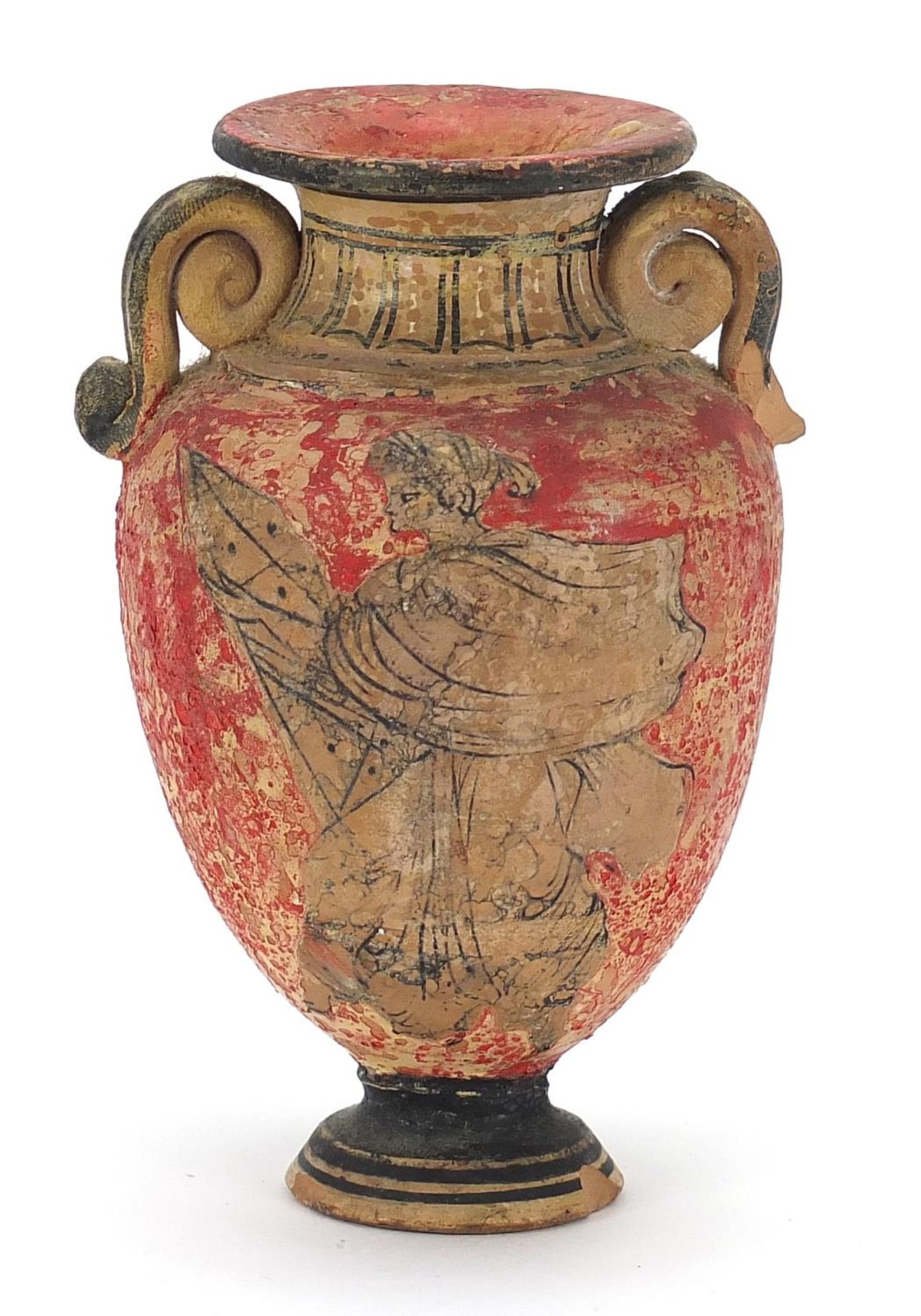 Roman terracotta with twin handles vase decorated with a female, 12cm high :For Further Condition
