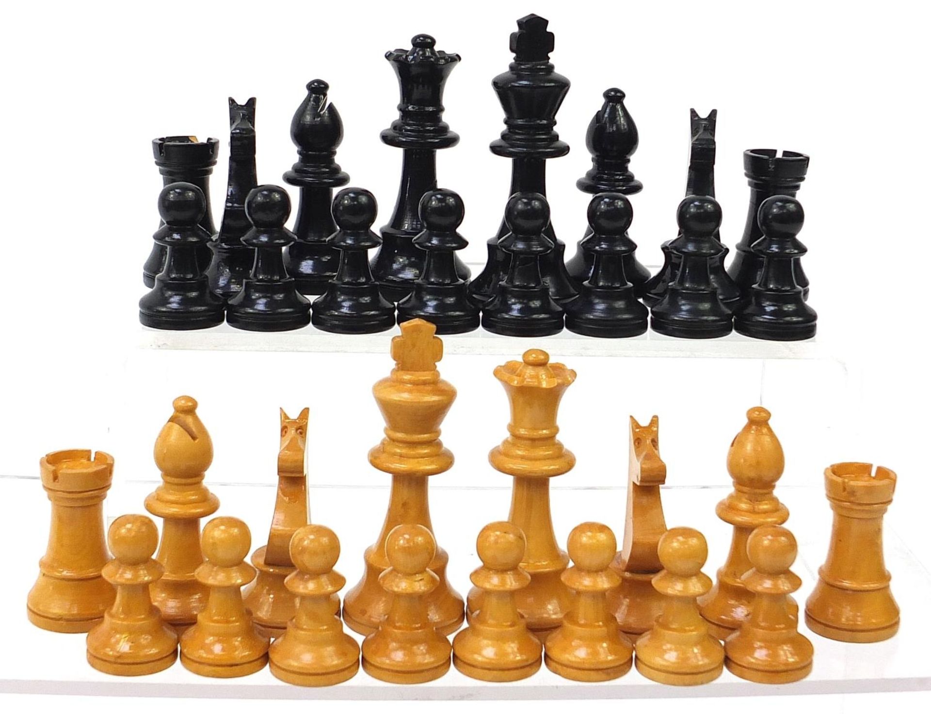 Two Boxwood and ebony design Staunton pattern chess sets with pine crate, the largest pieces each - Image 2 of 6