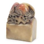 Chinese soapstone seal carved with fruit on a vine, character marks to the base, 7cm high :For