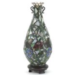 Large Tiffany style leaded table lamp in the form of a Chinese vase with handles, 54cm high :For
