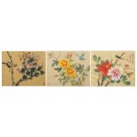 Birds and butterflies amongst flowers, three Chinese watercolours on silks, each with red seal
