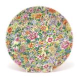 Chinese porcelain dish hand painted in the famille rose palette with peaches and flowers, four