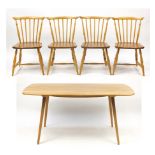 Ercol Windsor light elm dining table and four chairs, the table 70cm H x 150cm W x 75cm D