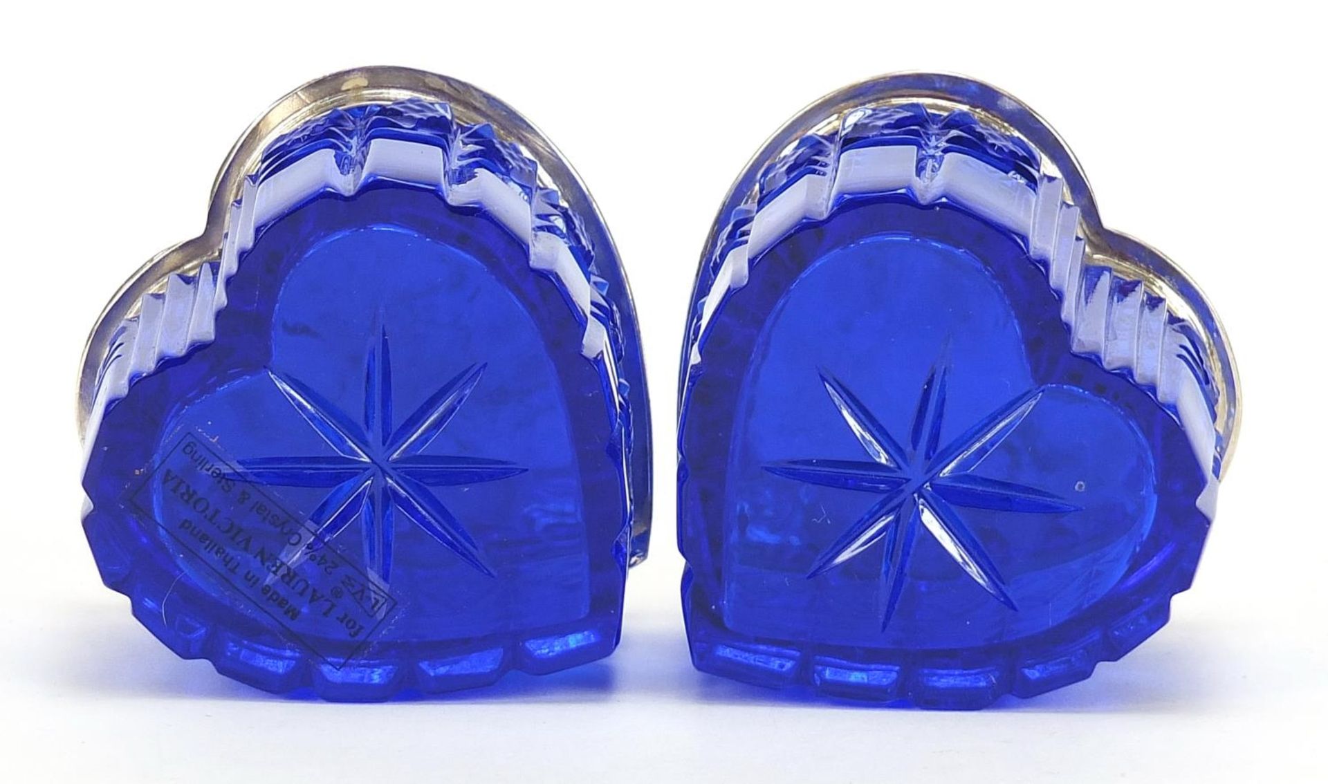 Lauren Victoria, pair of blue cut glass love heart shaped boxes with sterling silver lids, 4.5cm - Image 4 of 6