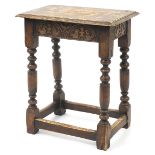 Antique oak joint stool carved with birds under arches, 52cm H x 44cm W x 28cm D :For Further