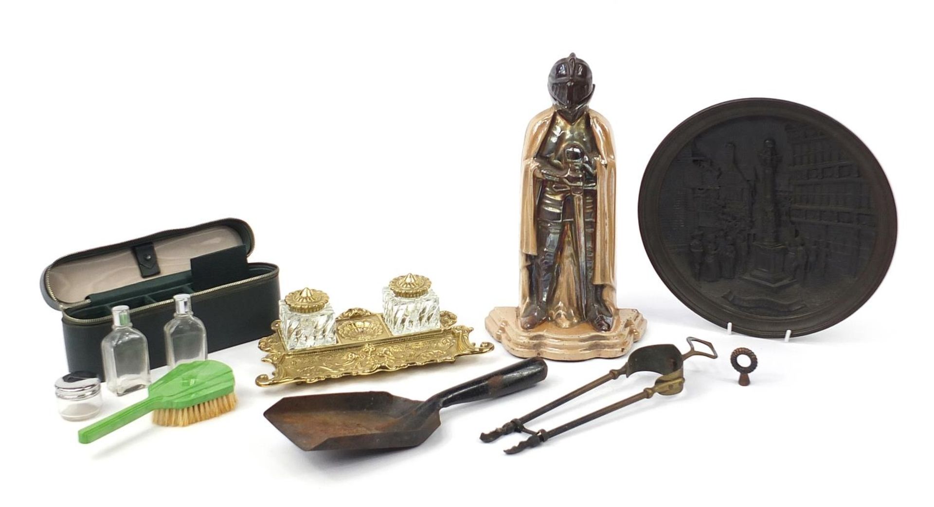 Sundry items including an ornate brass desk stand with glass inkwells and a knight fire companion