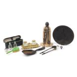 Sundry items including an ornate brass desk stand with glass inkwells and a knight fire companion