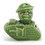 Military interest propaganda tank money box inscribed Where's that blinking Kaiser?, 10cm wide :