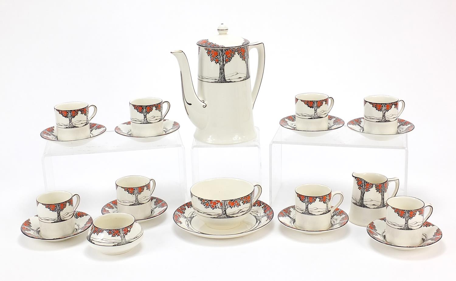 Crown Ducal, Art Deco Tall Trees eight place coffee service and a teacup with saucer, the coffee pot