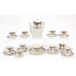 Crown Ducal, Art Deco Tall Trees eight place coffee service and a teacup with saucer, the coffee pot