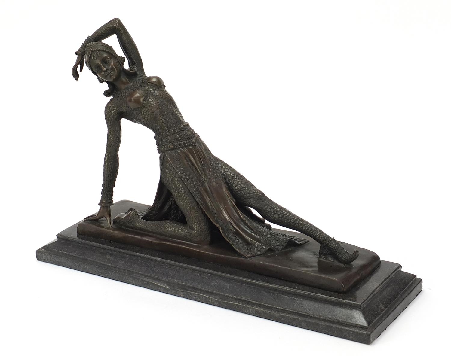 After Demetre Chiparus, patinated bronze sculpture of a Art Deco dancer, 41.5cm wide :For Further