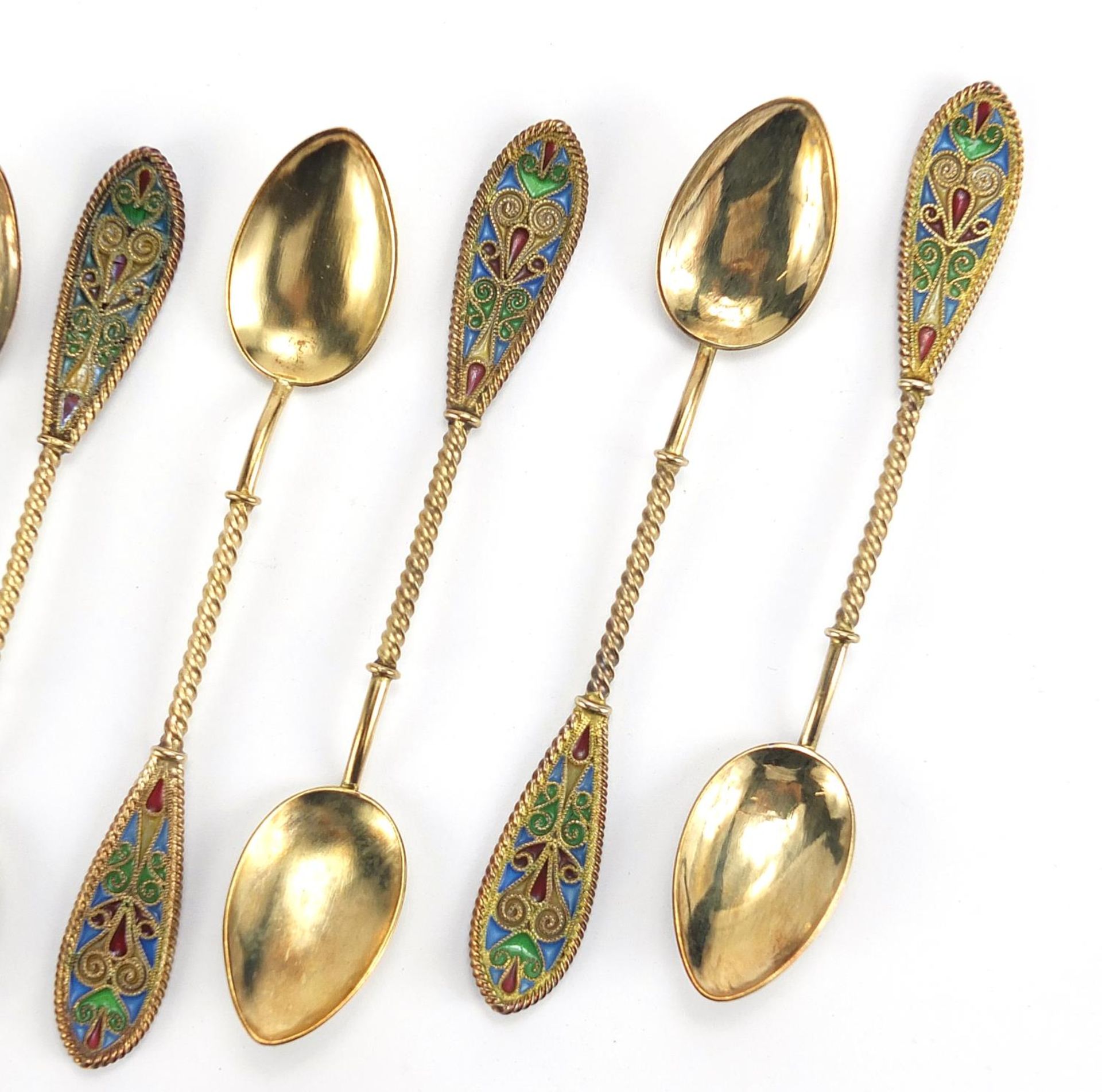 Johan G Kjaerland, set of eight Norwegian silver gilt and plique à jour enamel teaspoons housed in a - Image 4 of 11