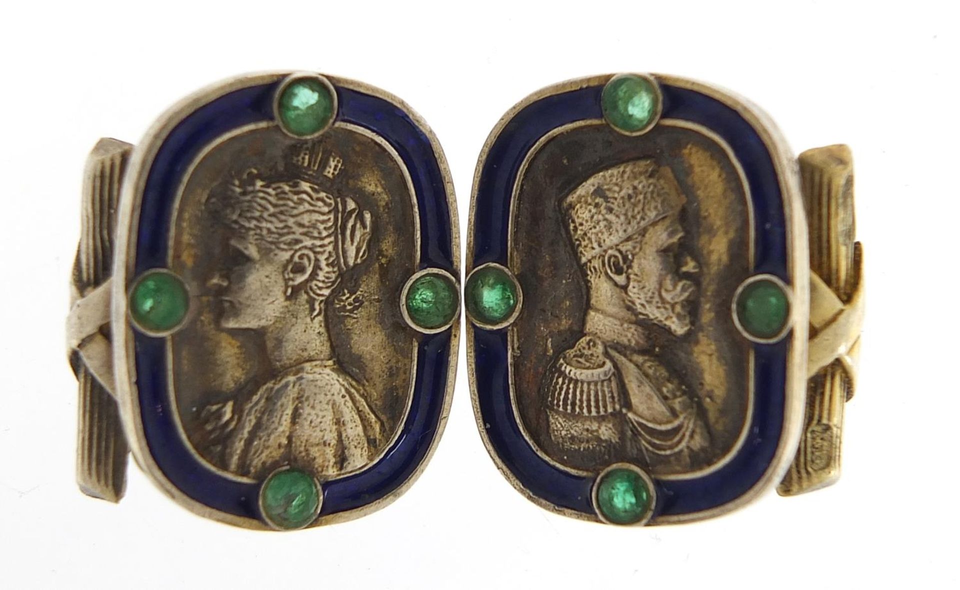 Pair of silver and enamel portrait cufflinks set with green stones, impressed Russian marks, each