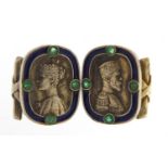 Pair of silver and enamel portrait cufflinks set with green stones, impressed Russian marks, each