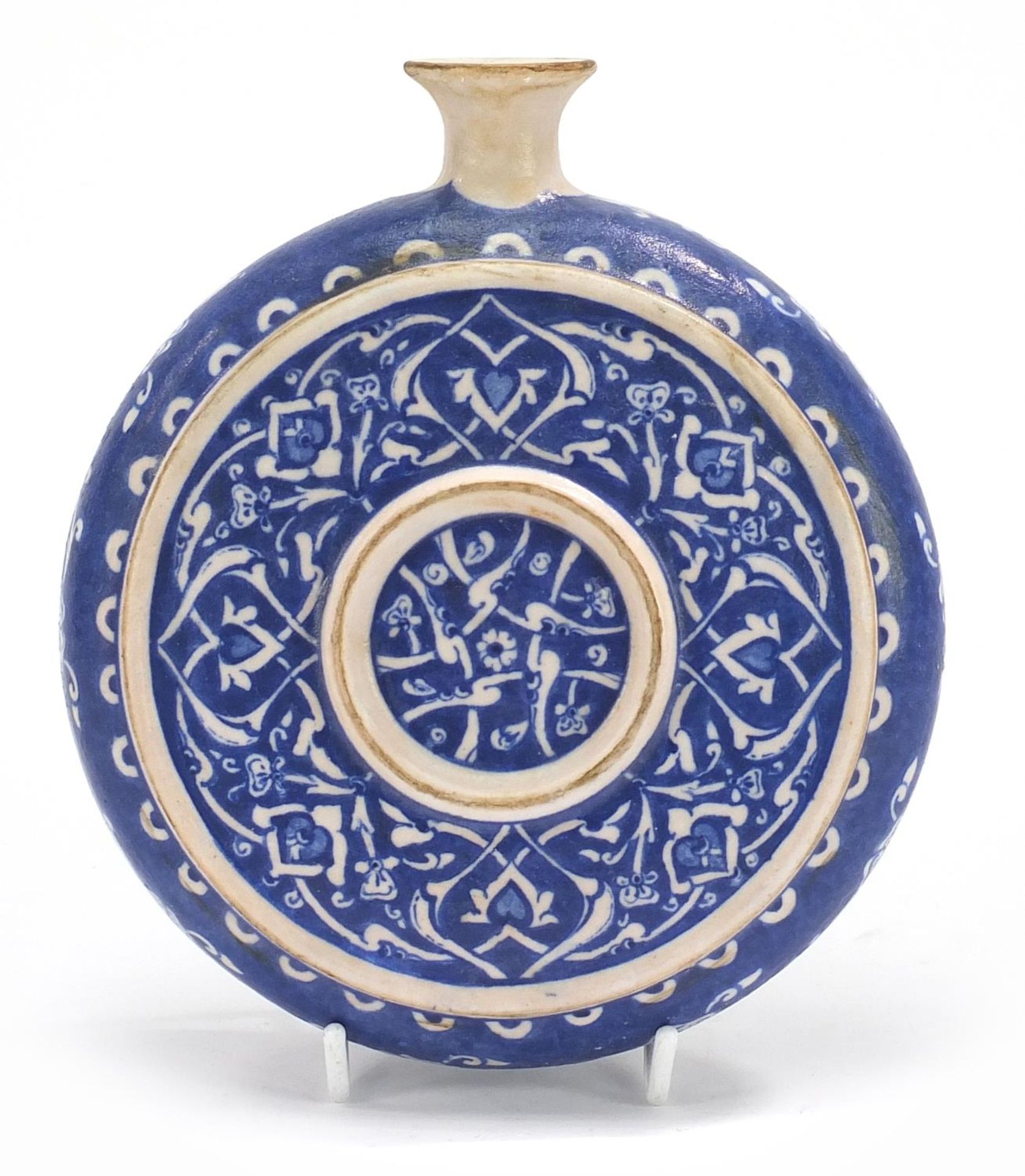 Turkish Iznik pottery water flask hand painted with flowers, 20cm high :For Further Condition