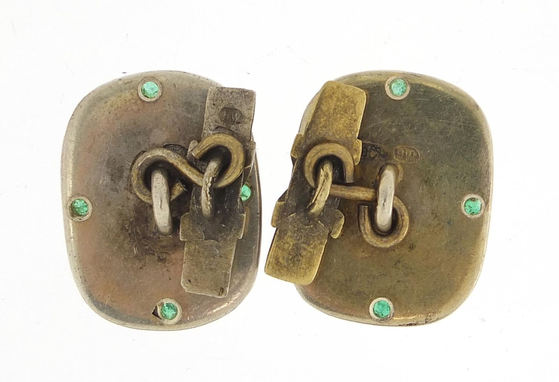 Pair of silver and enamel portrait cufflinks set with green stones, impressed Russian marks, each - Image 2 of 3