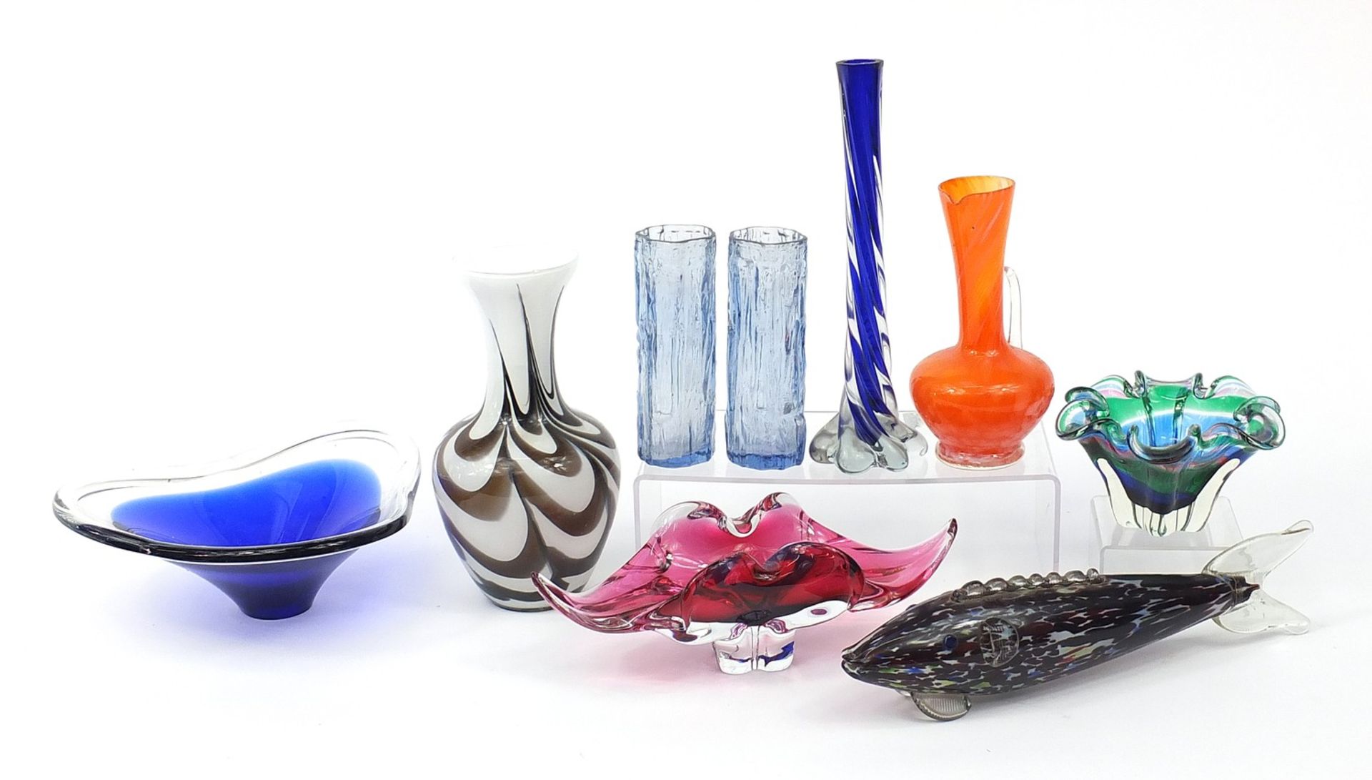 Vintage and later glassware including Murano style fish and two Czech bowls, the largest 37cm in
