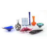 Vintage and later glassware including Murano style fish and two Czech bowls, the largest 37cm in