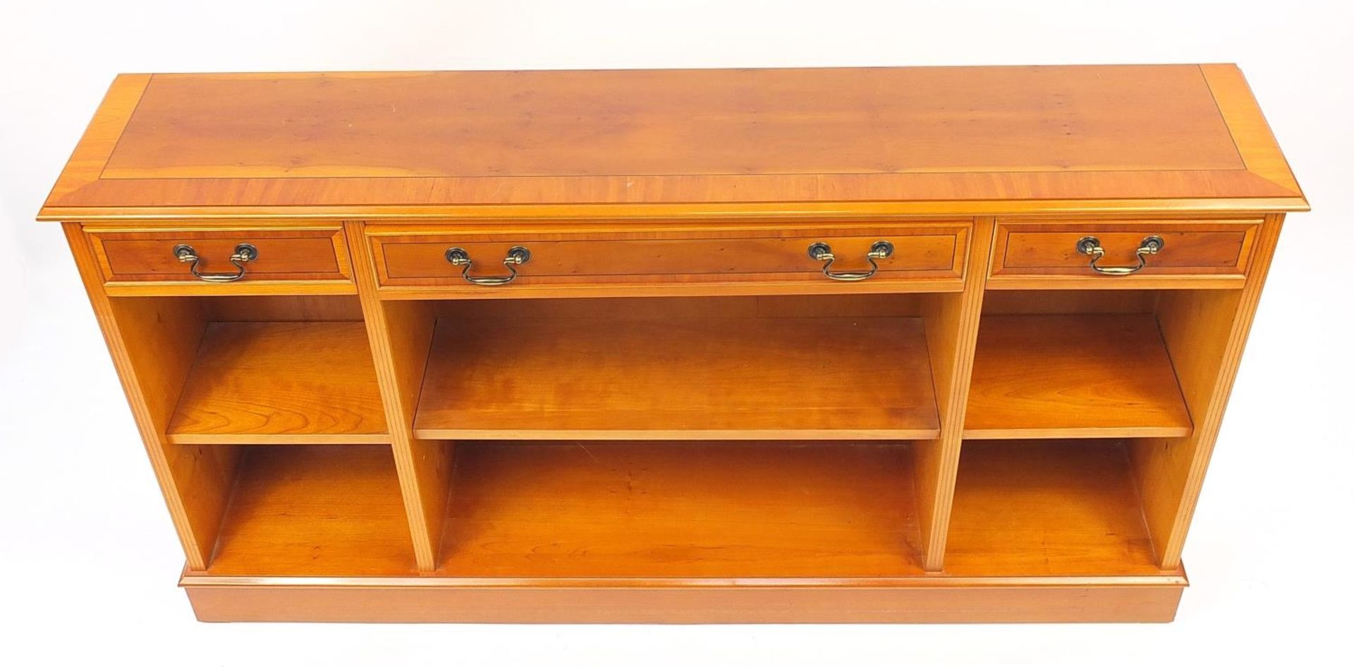 Inlaid yew open bookcase fitted with three drawers above three adjustable shelves, 84.5cm H x - Image 3 of 4