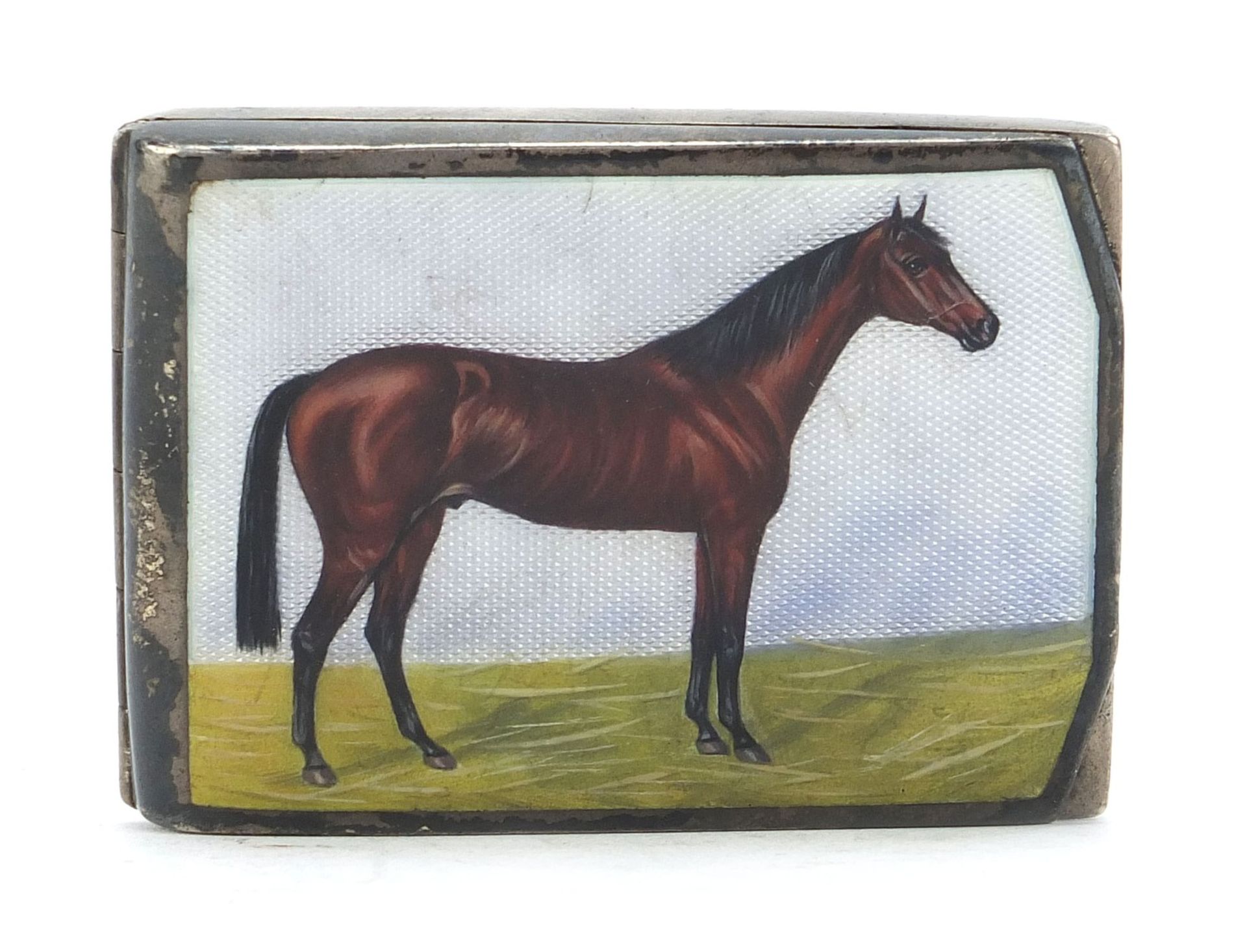 German sterling silver and enamel match box case enamelled with a thoroughbred horse, 5.5cm wide,