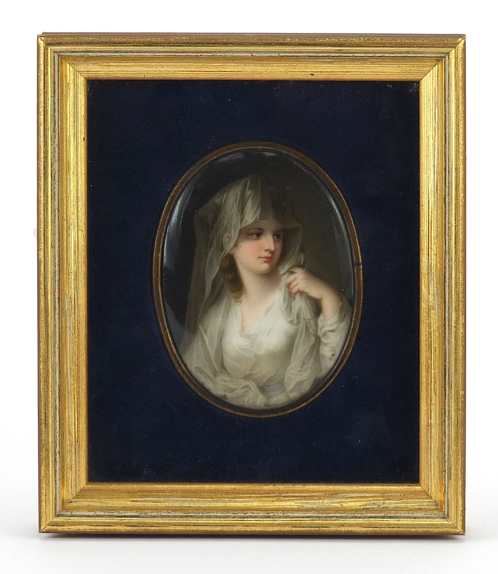 19th century naval interest oval porcelain plaque hand painted with a portrait of Lady Hamilton,