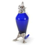 Novelty silver plated and blue glass claret jug in the form of a cockatoo, 28.5cm high :For