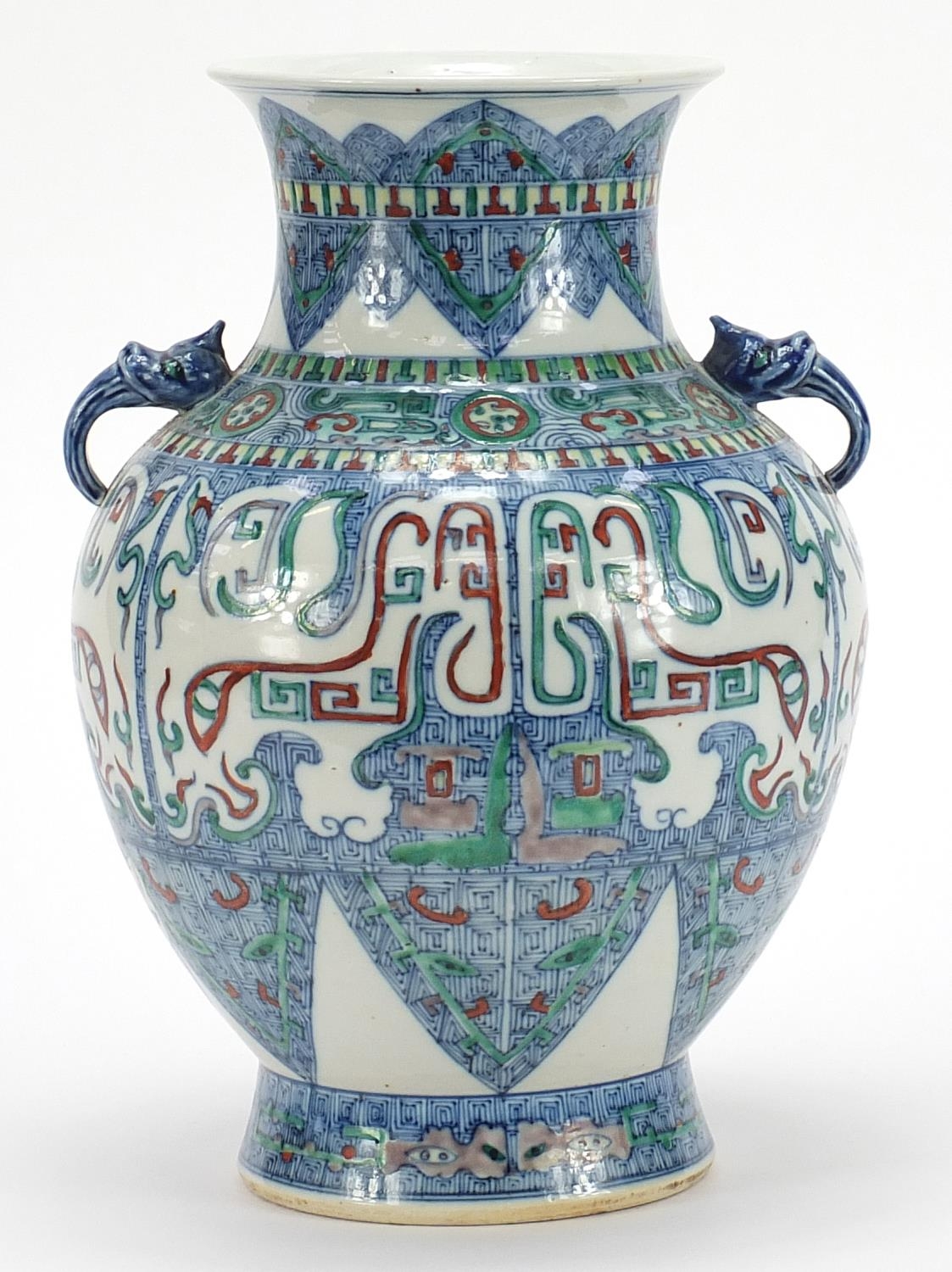 Chinese doucai porcelain vase with handles, hand painted with mythical faces and heads, six figure - Image 5 of 10