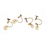 Two pairs of 9ct gold cultured pearl earrings with screw backs, 6.8mm and 5.5mm in diameter, total