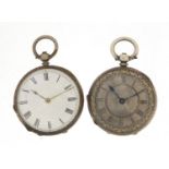 Two ladies silver open face pocket watches including one with ornate silvered dial, 38mm and 39mm in