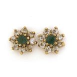 Pair of 9ct gold green and clear stone stud earrings, 8mm in diameter, 1.2g :For Further Condition