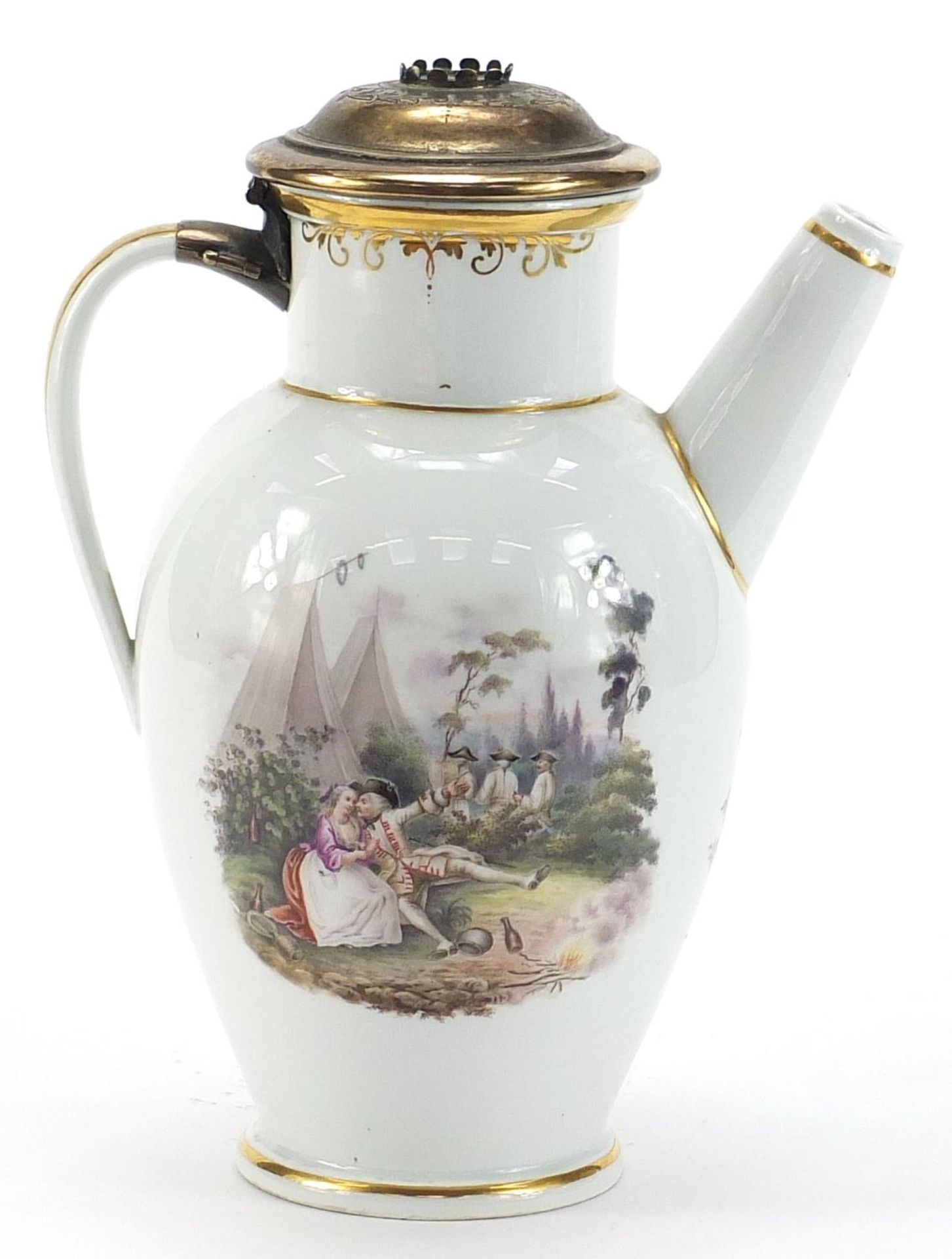 Meissen, 19th century German porcelain jug with unmarked silver lid, finely hand painted with panels - Bild 3 aus 6