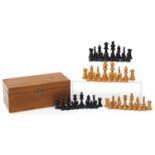 Two Boxwood and ebony design Staunton pattern chess sets with pine crate, the largest pieces each
