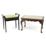 Rectangular carved mahogany coffee table with glass inset top and a piano stool with floral