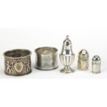 Victorian and later silver objects including a napkin ring embossed with Putti and miniature