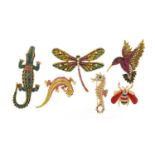 Six jewelled and enamel animal and insect brooches including hummingbird, seahorse, lizard,