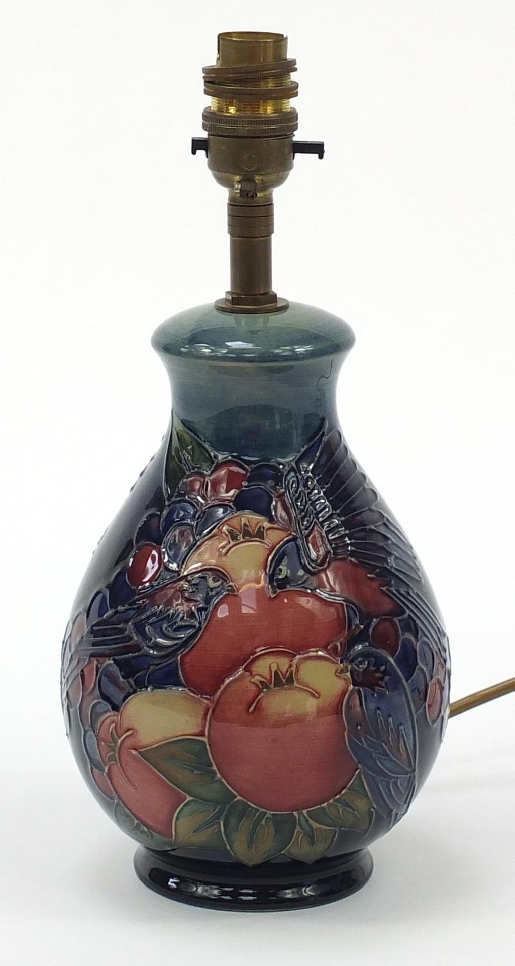 Moorcroft Pottery baluster lamp base hand painted with two birds amongst fruit, 29.5cm high :For