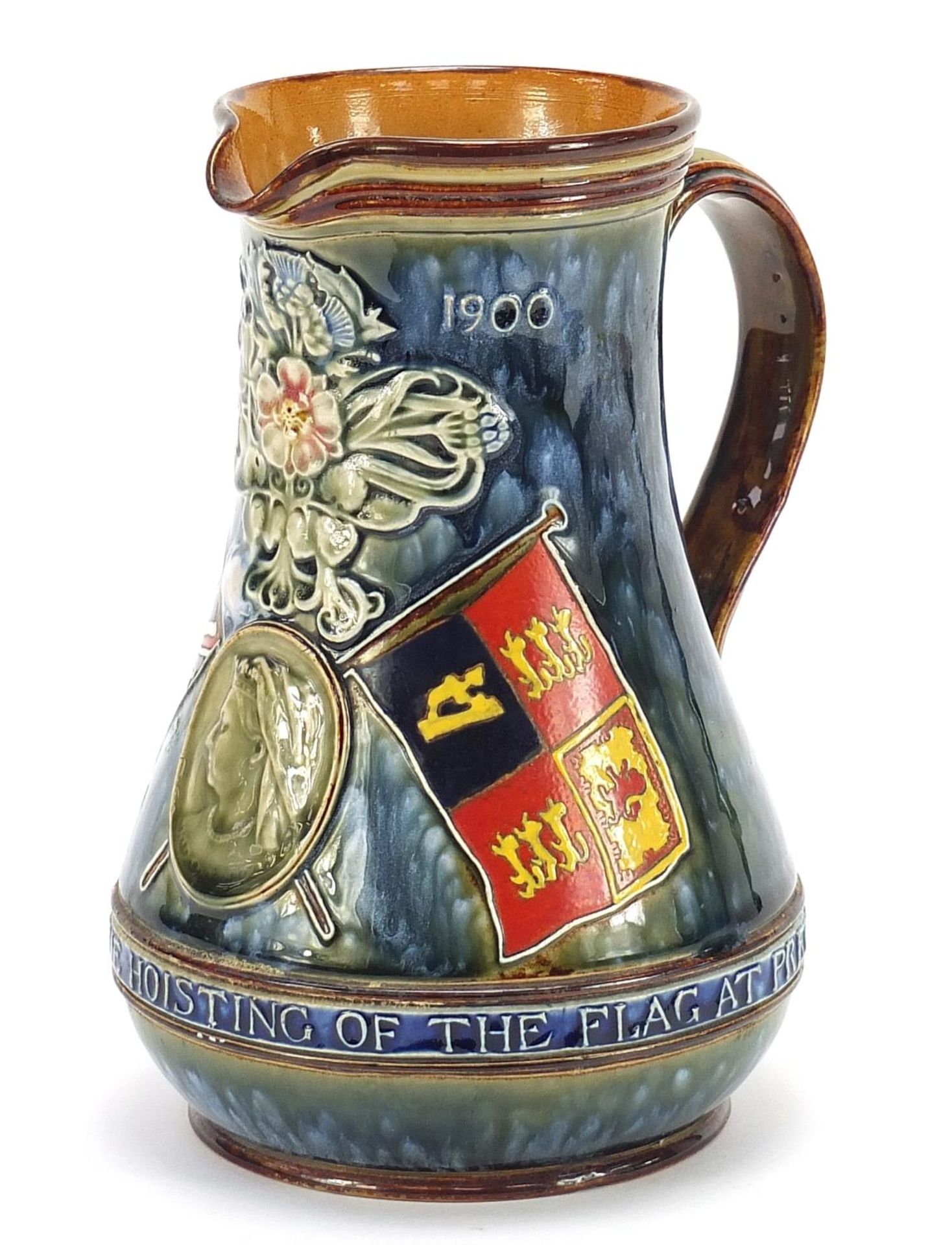 Doulton Lambeth jug commemorating The Hoisting of the Flag at Pretoria, 21cm high :For Further