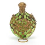 Antique green glass scent bottle with brass foliate overlay, 6.5cm high :For Further Condition